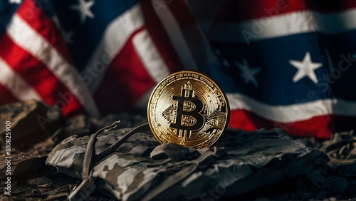 Bitcoin and US Dollar with American Flag Background in a war zone, dark moody, destructive theme photo