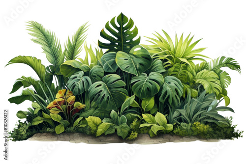 A lush green jungle with a variety of plants and trees. The image has a vibrant and lively mood  with the plants and trees creating a sense of abundance and growth