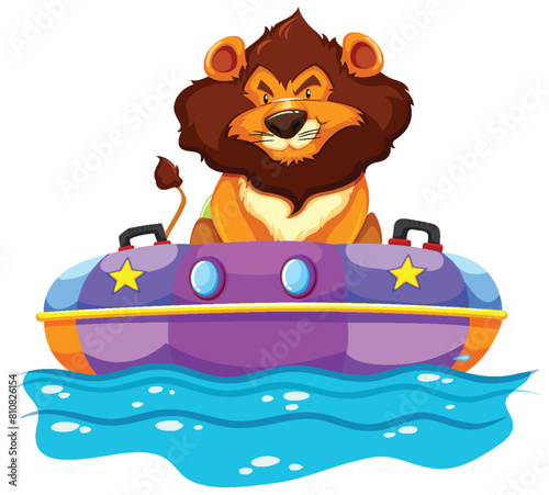Cartoon lion steering a vibrant bumper boat