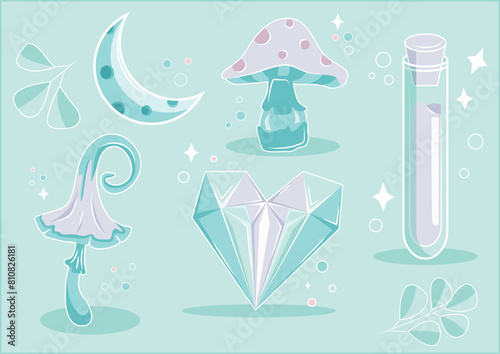 A set of magical tools in mint color. Magic crystal, flask with potion, mushrooms, plants, moon. Magic objects drawn by hand in vector.