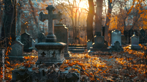 Old cemetery in the fall at sunset. Autumn background. Selective focus.