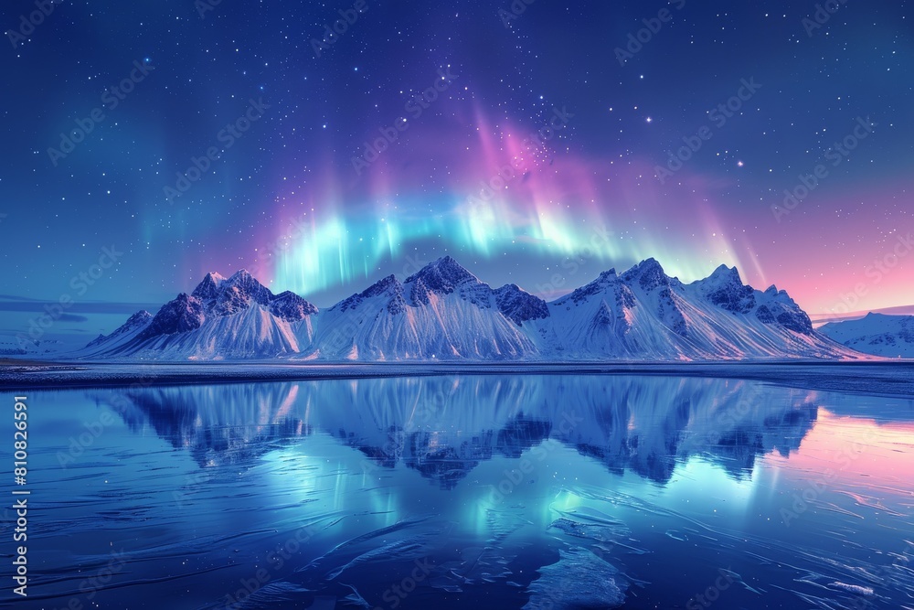 An ethereal display of pink and purple auroras dance above snow-laden mountains reflecting in the lake