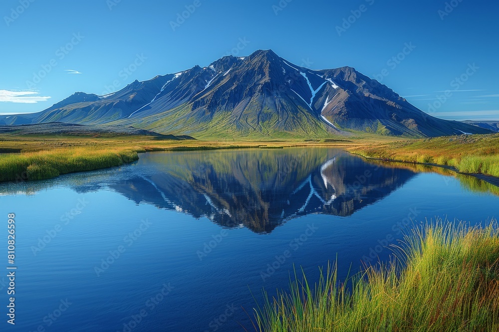 A vibrant green mountain range is reflected in the still waters of a lake against a clear blue sky A vibrant green mountain range is reflected in the still waters of a lake against a clear blue sky