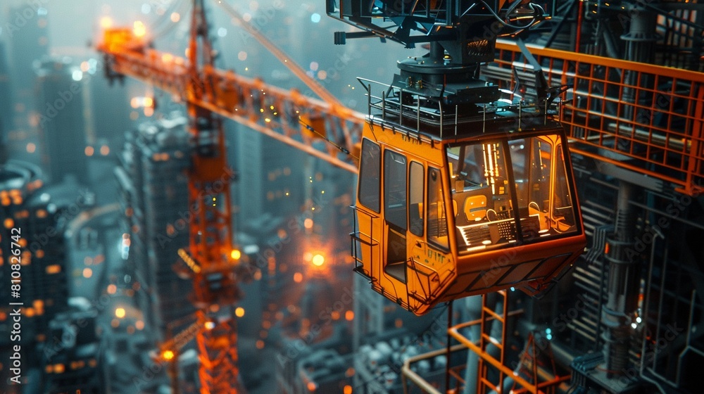 Detailed view of a mobile crane in a hyperrealistic future city, emphasizing advanced architectural design 8K , high-resolution, ultra HD,up32K HD