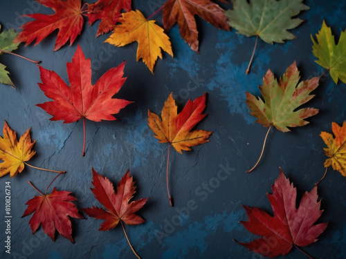 Autumn Aesthetic  Rustic Red Leaves Resting on a Blue Slate Background  Top View  with Copy Space