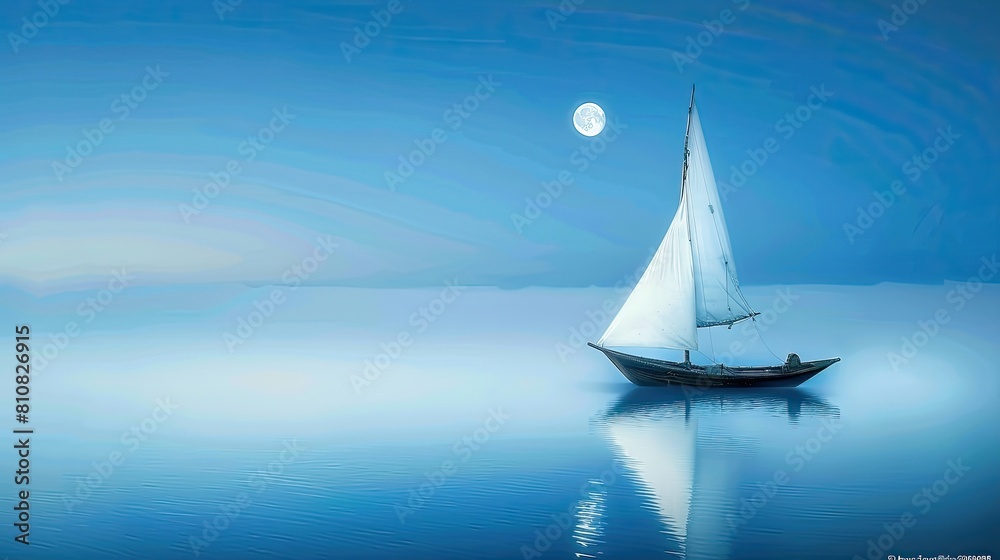 a boat with a white sail drifting in the vast sea under a twilight blue sky, enveloped in mist, with the moon casting a soft glow, in an aerial shot.