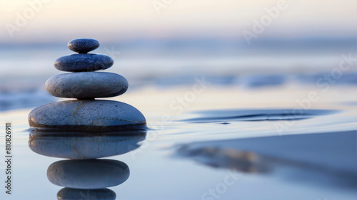 zen stones on the beach with reflection in water, shallow dof