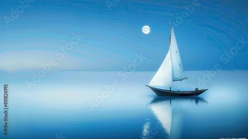 a boat with a white sail drifting in the vast sea under a twilight blue sky, enveloped in mist, with the moon casting a soft glow, in an aerial shot. photo