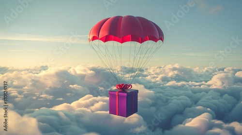 3D Red parachute carrying purple gift box flying 