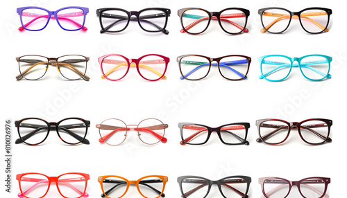 Set with different eyeglasses isolated on white
