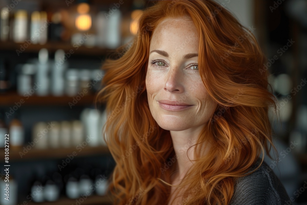happy woman with red hair work in own store. small business concept. authenticity and uniqueness style happy woman with red hair work in own store. small business concept. authenticity and uniqueness style