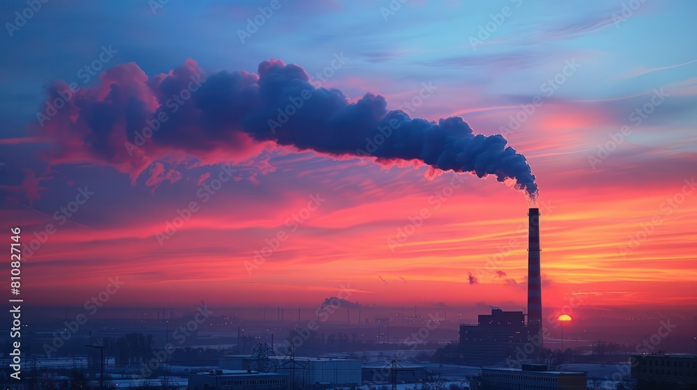 Silhouette of industrial chimney, sunset, smoke.