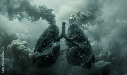the human lungs as a landscape filled with dark, smoky clouds representing pollution and smoking, conveying the harmful effects on respiratory health in a symbolic