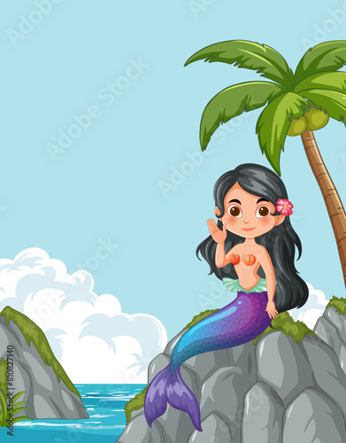 Vector illustration of a mermaid greeting on a rock
