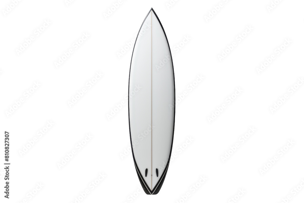 A white surfboard with a black stripe on the bottom. The board is long and narrow A white surfboard with a black stripe on the bottom. The board is long and narrow