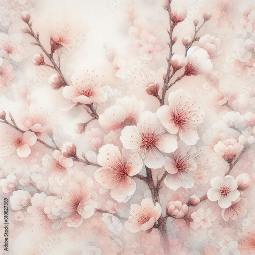 Watercolor painting background of blooming cherry blossoms - Delicate texture of cherry blossom branches - Floral card background for templates