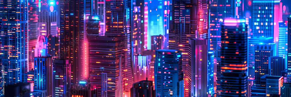 abstract neon cityscapes featuring a towering skyscraper, a bustling street with colorful lights, and a serene river flowing through the center