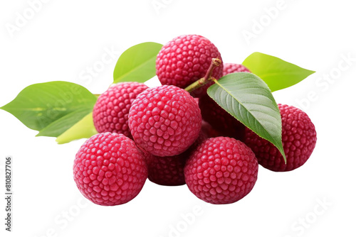 A bunch of red raspberries with green leaves. The raspberries are small and round, and they are arranged in a pile. The leaves are green and add a pop of color to the scene