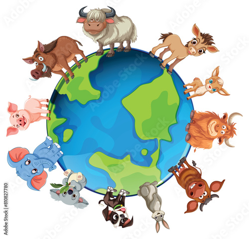 Cartoon animals on a globe, representing diversity