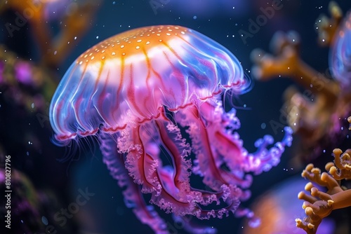 A captivating jellyfish entrancing with its vivid colors and elegant swimming motion amidst the coral reefs photo