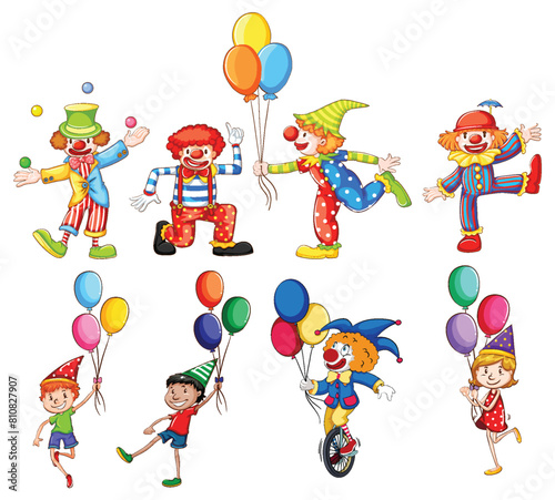 Vector illustration of clowns and kids with balloons