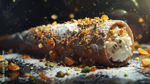 Cannolo siciliano ripieno di crema di ricotta dolce, decorato con scorze d'arancia candite e pistacchi tritati photo