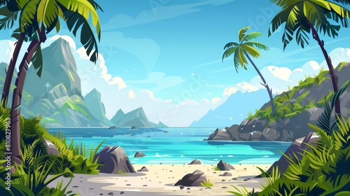 Animated modern background with tropical seascape and palm trees on a sand beach with mountains in the distance. Modern background ready for 2D animation. photo