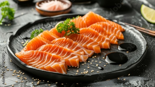 salmon sashimi slices on a black plate with sauce and wasabi