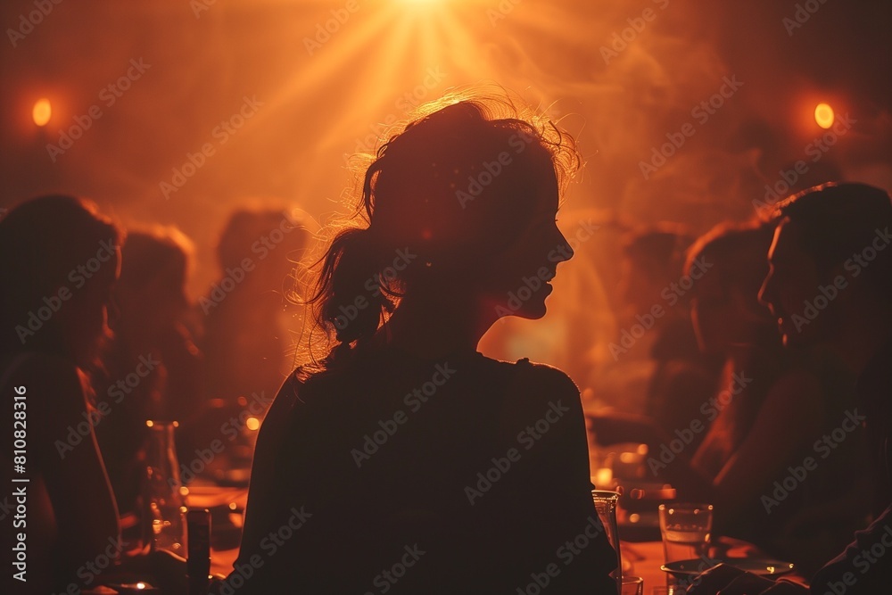 Silhouetted woman sitting at a table with others, AI-generated.