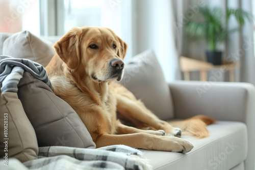 Chic Canine Comfort: Modern Living Room Golden Labrador Lounging on Stylish Couch Adobe Stock Contributor's Design Harmony Blending Furry Charm with Contemporary Elegance