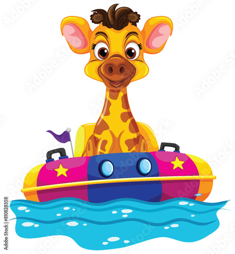 Cartoon giraffe enjoying a ride on a watercraft