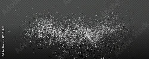 Set Design element for kitchen, bakery, advertising, video. Powder sugar explosion or splash png, falling flour, salt powder falling gently. Top view 3d effect	
