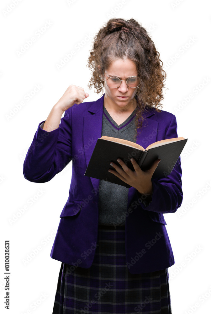 Young brunette student girl wearing school uniform reading a book over isolated background annoyed and frustrated shouting with anger, crazy and yelling with raised hand, anger concept Young brunette student girl wearing school uniform reading a book over isolated background annoyed and frustrated shouting with anger, crazy and yelling with raised hand, anger concept