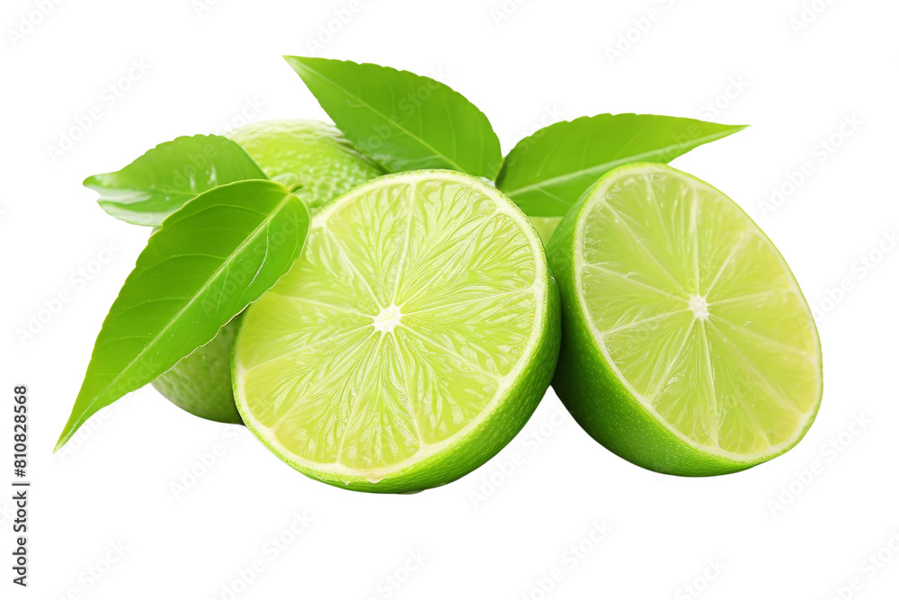 A lime is cut in half and has green leaves on top. The lime is fresh and ready to eat