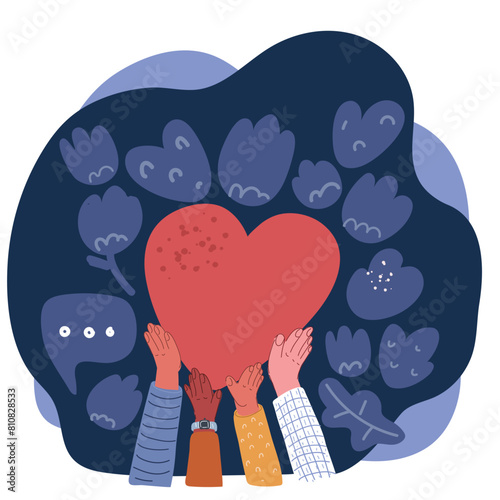 Cartoon vector illustration of Family hands holding red heart, heart health insurance, organ donation, happy volunteer charity, Social responsibility,world heart day, world health day,world mental hea