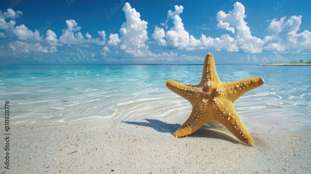 a starfish resting gracefully on the beach, with sand and sea water surrounding it, set against a backdrop of blue sky and white clouds, leaving empty space for text or product display.