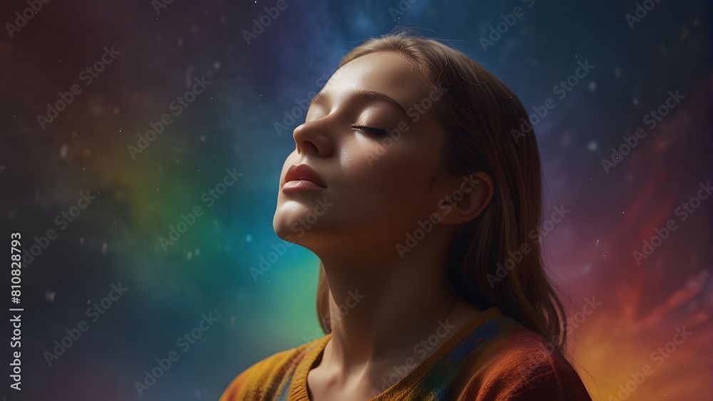 A girl with closed eyes, surrounded by a rainbow of vibrant colors, mediates 5D dimension, world mediation day, world spirituality day A girl with closed eyes, surrounded by a rainbow of vibrant colors, mediates 5D dimension, world mediation day, world spirituality day