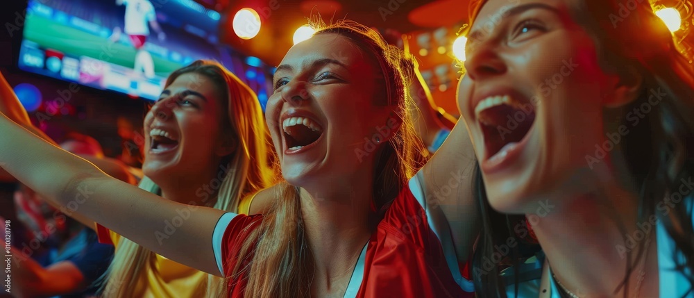 Young Fans Celebrating When the Team Scores a Goal and Wins the Football World Cup with Three Female Friends Watching a Live Soccer Match in a Sports Bar. Happy Girls Cheering and Shouting. Young Fans Celebrating When the Team Scores a Goal and Wins the Football World Cup with Three Female Friends Watching a Live Soccer Match in a Sports Bar. Happy Girls Cheering and Shouting.