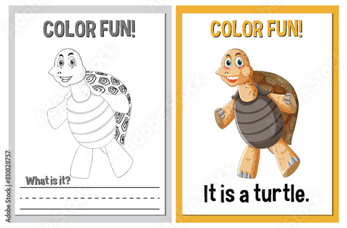 Coloring book pages with a cheerful turtle