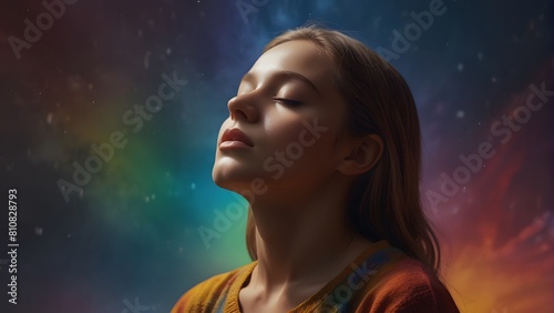 A girl with closed eyes, surrounded by a rainbow of vibrant colors, mediates 5D dimension, world mediation day, world spirituality day