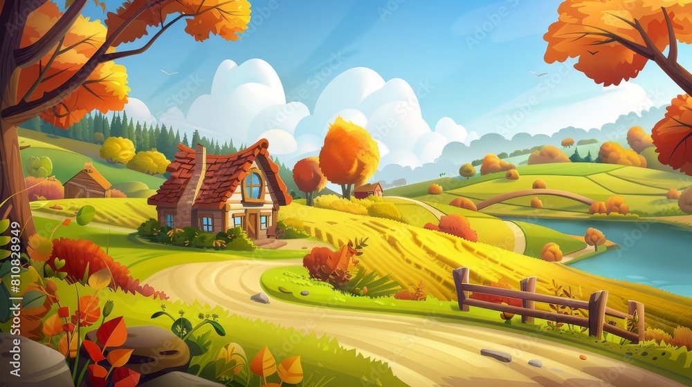 An autumn landscape with green hills, a small cottage in the forest, a lake, trees trunks and a wooden house in the country. Modern illustration of a countryside with a wooden house, agriculture