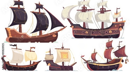 Ships with paddles, masts, and folded sails with black, white and red sails. Rowboats isolated on white background. Set of ancient galleons, caraves, sailboats with black, white, and red sails. photo