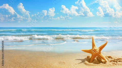 a starfish resting gracefully on the beach  with sand and sea water surrounding it  set against a backdrop of blue sky and white clouds  leaving empty space for text or product display.