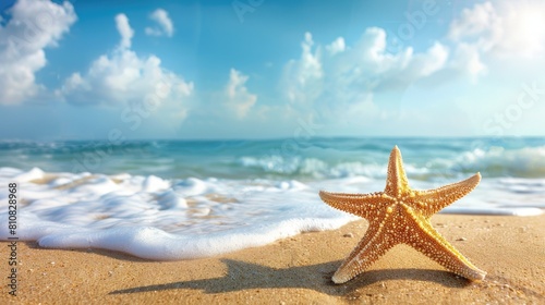 a starfish resting gracefully on the beach  with sand and sea water surrounding it  set against a backdrop of blue sky and white clouds  leaving empty space for text or product display.