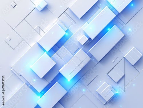 Abstract geometric white bright 3D textured wall with squares and square cubes background banner illustration with blue glowing lights, textured wallpaper，Abstract Geometric White Bright 3D Texture 