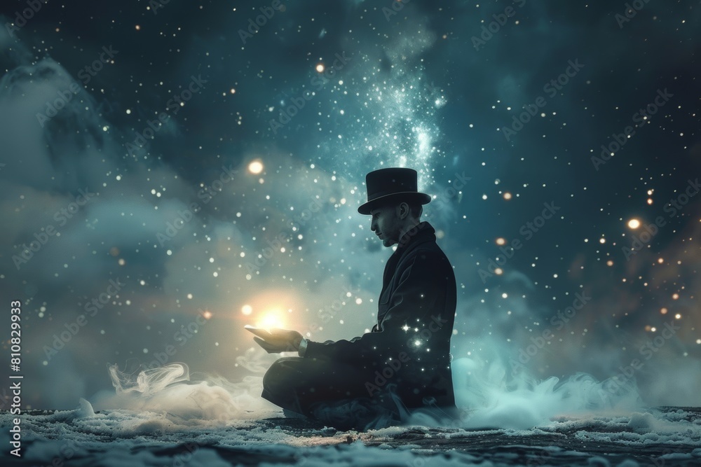 Obraz premium Magician performs spellbinding tricks on stage, captivating audience with mystique and wonder.