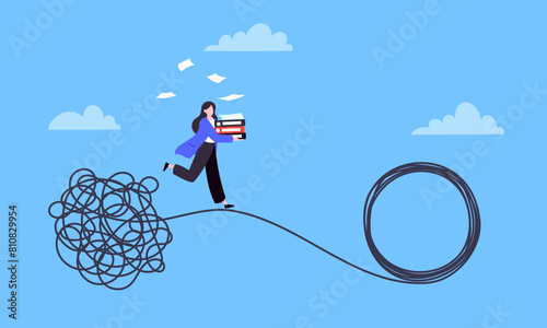 Understanding problem solution simplify challenge. Unravel business chaos process with tangle difficult problem mess business concept flat design vector illustration. Chaos to order, complex to simple