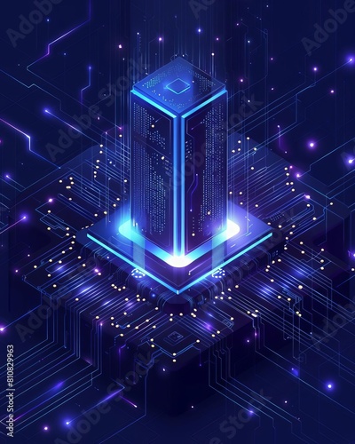 Quantum computer, large data processing, database concept CPU isometric banner Central Computer Processors CPU conceptDigital chip, dark blues lights photo