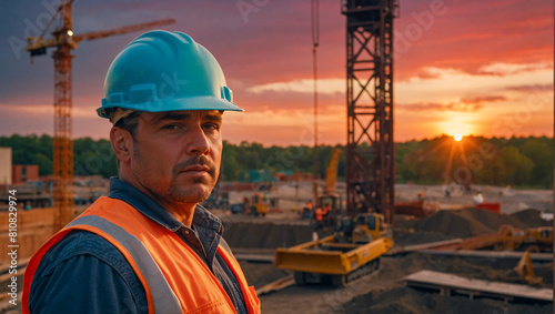 Portrait of a construction worker with a construction site in the background