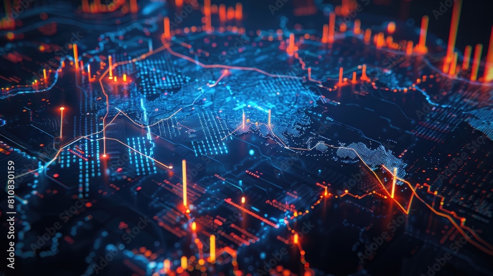 a financial crisis through a digital graphic featuring a stock market graph overlaying a digital map, depicting a bearish trend, against a dark background. a financial crisis through a digital graphic featuring a stock market graph overlaying a digital map, depicting a bearish trend, against a dark background.